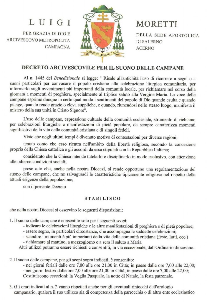Decreto Arcivescovile per il suono delle campane