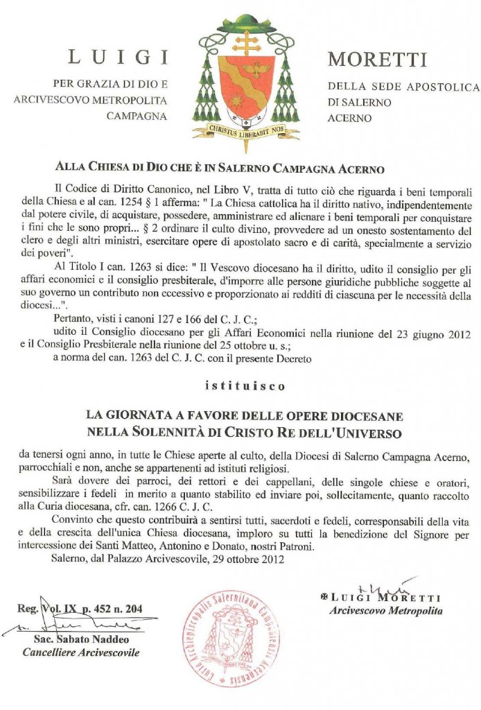 Istituzione della Giornata a favore delle Opere Diocesane nella Solennità di Cristo Re dell'Universo